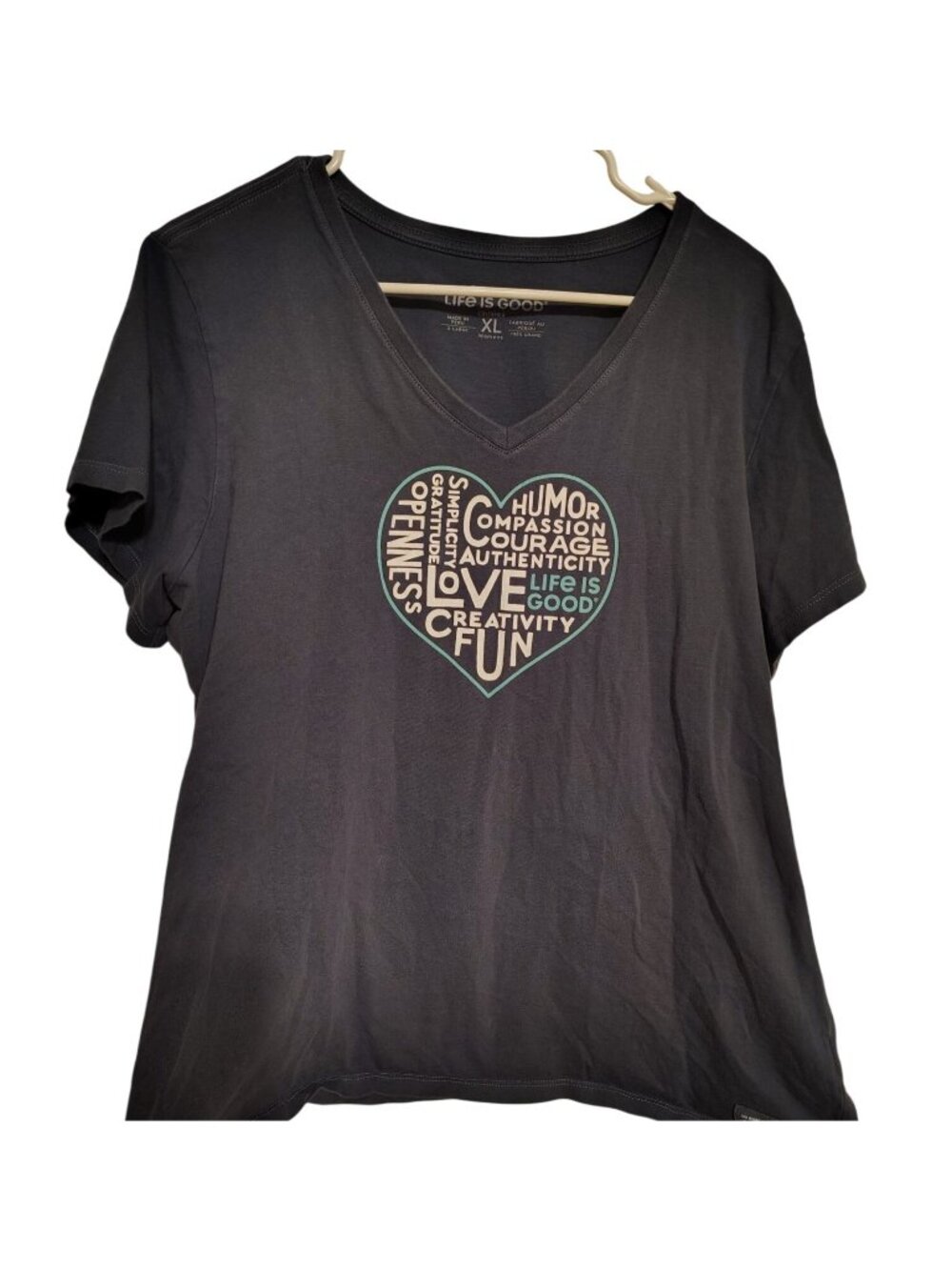 Life is Good XL Blue Gray V-Neck T-Shirt Heart Love Humor Courage Short Sleeve